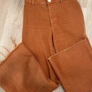 The Marine Straight Zara Frayed Hem Burnt Orange Brown Cotton Wide-Leg Pants
